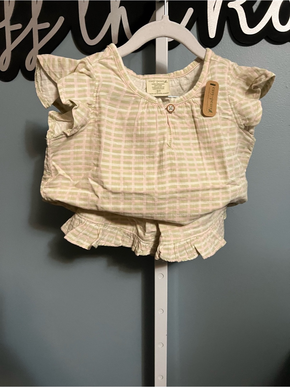 Easy Peasy Light Pink Green and Cream Plaid Short Sleeve & Ruffle Shorts Set NWT